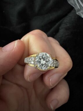 Gold & Silver Round Cut CZ Solitaire Ring with Pave Band - White